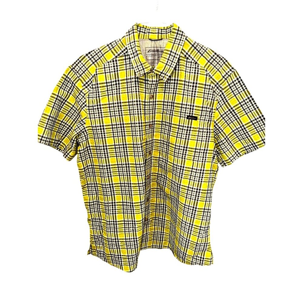 Eddie Bauer Mens L Crinkle Texture Lime Yellow Plaid S/S Button Shirt Casual